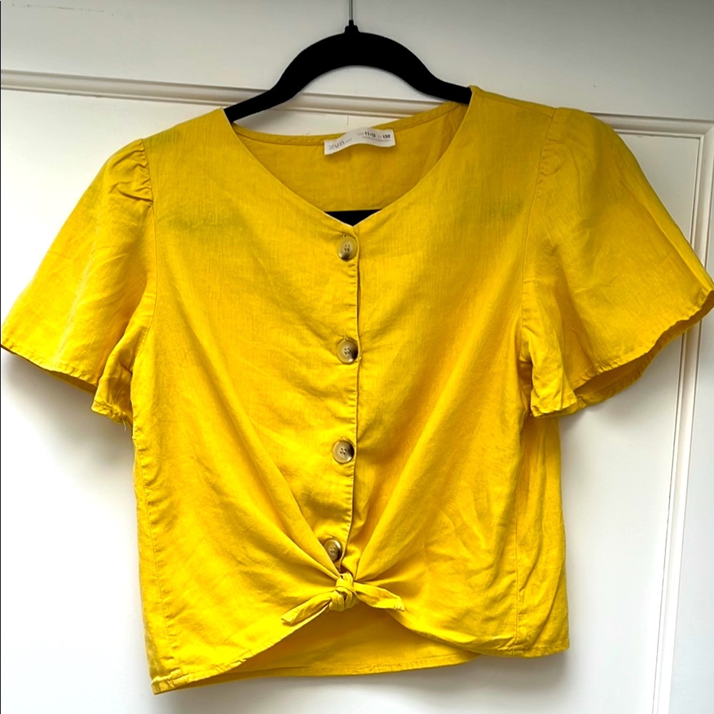 Zara Linen Mustard Yellow Short Sleeve Tie Front Blouse
